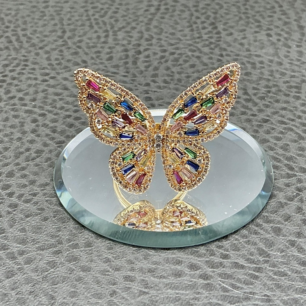 Ring Size 7 Gold Tone Multicolor Butterfly Rhinestone Cocktail Womens Jewelry‎